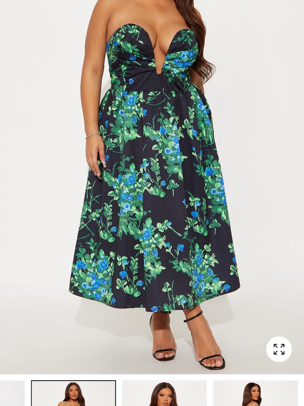 Fashion Nova Black Midi dress with Blue & Green Floral Pattern